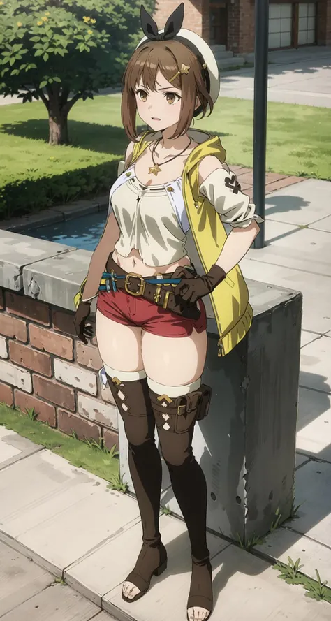 ryza, 1girl, solo, shorts, gloves, belt, hat, head ribbon, jewelry, red shorts, brown hair, thighhighs, short shorts, bridal legwear, necklace, brown eyes, single glove, hair ornament, hairclip, star necklace, toeless footwear, leather, star (symbol), white headwear, brown gloves, boots, short hair, thighs, leather belt, brown belt, leather gloves, jacket, blue belt, navel, thigh boots, sleeveless jacket, thigh pouch, white thighhighs, collarbone, yellow jacket, brown footwear, cleavage, large breasts, standing, ((spread legs:1.4)), outdoor <lora:ryza_v1:0.8> <lora:more_details:0.2>