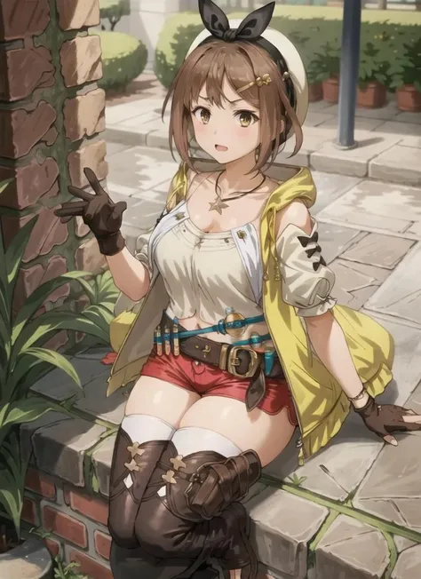 ryza, 1girl, solo, shorts, gloves, belt, hat, head ribbon, jewelry, red shorts, brown hair, thighhighs, short shorts, bridal legwear, necklace, brown eyes, single glove, hair ornament, hairclip, star necklace, toeless footwear, leather, star (symbol), white headwear, brown gloves, boots, short hair, thighs, leather belt, brown belt, leather gloves,  jacket, blue belt, navel, thigh boots, sleeveless jacket, thigh pouch, white thighhighs, collarbone, yellow jacket, brown footwear, cleavage, large breasts, sitting, outdoor, sunny, upper body<lora:ryza_v1:0.95>  <lora:more_details:0.2>