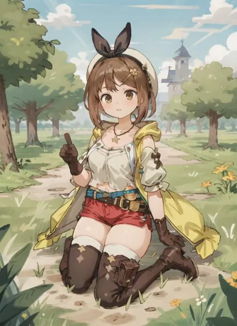 ryza, 1girl, solo, shorts, gloves, belt, hat, head ribbon, jewelry, red shorts, brown hair, thighhighs, short shorts, bridal legwear, necklace, brown eyes, single glove, hair ornament, hairclip, star necklace, toeless footwear, leather, star (symbol), white headwear, brown gloves, boots, short hair, thighs, leather belt, brown belt, leather gloves, jacket, blue belt, navel, thigh boots, sleeveless jacket, thigh pouch, white thighhighs, collarbone, yellow jacket, brown footwear, cleavage, large breasts, sitting, outdoor, sunny <lora:ryza_v1:0.95> <lora:more_details:0.2>