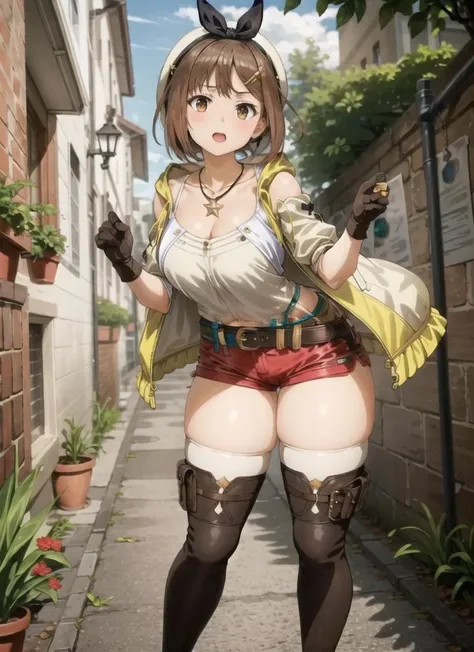ryza, 1girl, solo, shorts, gloves, belt, hat, head ribbon, jewelry, red shorts, brown hair, thighhighs, short shorts, bridal legwear, necklace, brown eyes, single glove, hair ornament, hairclip, star necklace, toeless footwear, leather, star (symbol), white headwear, brown gloves, boots, short hair, thighs, leather belt, brown belt, leather gloves,  jacket, blue belt, navel, thigh boots, sleeveless jacket, thigh pouch, white thighhighs, collarbone, yellow jacket, brown footwear, cleavage, large breasts, standing, ((spread legs:1.4)), outdoor <lora:ryza_v1:0.8>  <lora:more_details:0.2>