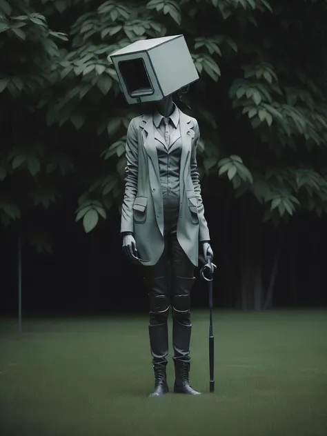 <lora:CubeMan:1>a statue of a man with a computer monitor on her head holding an umbrella