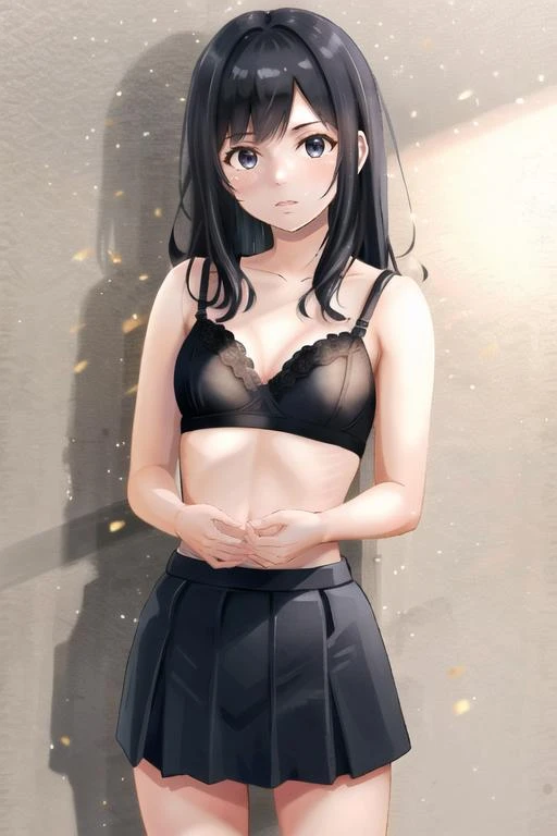 <lora:cute_anime_style_v1:1>(extremely detailed CG unity 8k wallpaper),(masterpiece), (best quality), (realistic), A woman wearing a pair of black opaque hose with a matching bra and skirt set, standing in front of a white backgroun