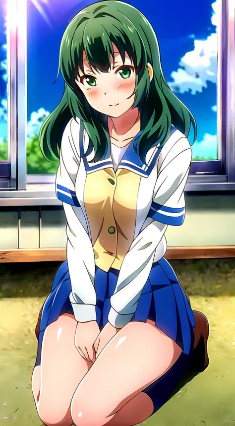 miu ashihara, 1girl, solo, breasts, looking at viewer, blush, school uniform, shy, classroom, window, sky, clouds, blurry background, <lora:miu_ashihara:0.7> , small tits <lora:add_detail:0.5> <lora:3DMM_V11:0.7>, 3dmm, full body, green hair, green eyes, button