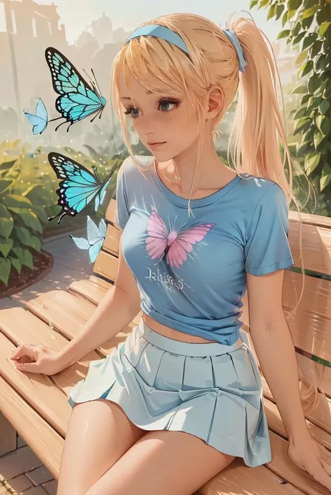 (masterpiece:1.3) (absurdres:1.3) (best quality:1.3) (ultra-detailed:1.3)
(slender:1.3) (thin:1.2) (skinny:1.1)
<lora:Erica_Fontes:0.8>
(very_long_blonde_hair:1.2) (very_long_side_ponytail) freckles, blue_eyes
Resting on a (lush garden bench:1.3), she (holds a delicate butterfly:1.3), her presence a harmonious part of the scene
((light_blue t-shirt:1.4)) ((white_skirt:1.3)) ((pink_hairband:1.2))