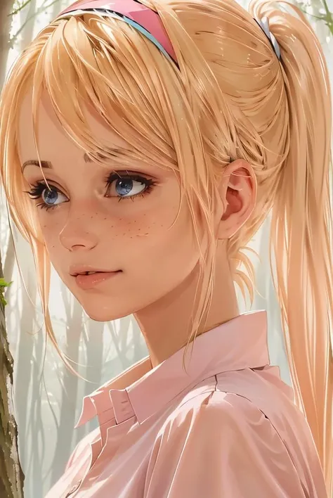 (masterpiece:1.3) (absurdres:1.3) (best quality:1.3) (ultra-detailed:1.3)
(slender:1.3) (thin:1.2) (skinny:1.1)
(very_long_blonde_hair:1.2) (side_ponytail, twintails, ponytail) freckles (white_hairband)
 <lora:Erica_Fontes:0.7>
posing for a portrait, from the side, forest, sunbeam, sunlight, volumetric
(pink shirt, skin tight)
blue_eyes