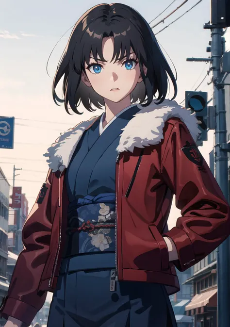 shikiryougi, <lora:shikitest:1>, shiki ryougi, black hair, blue eyes, short hair, narrow eyes, slanted eyes, angry, BREAK fur trim, jacket, japanese clothes, kimono, long sleeves, obi, open clothes, open jacket, red jacket, sash, zipper, BREAK looking at viewer, BREAK outdoors, city, BREAK <lora:GoodHands-vanilla:1>, (masterpiece:1.2), best quality, high resolution, unity 8k wallpaper, (illustration:0.8), (beautiful detailed eyes:1.6), extremely detailed face, perfect lighting, extremely detailed CG, (perfect hands, perfect anatomy),