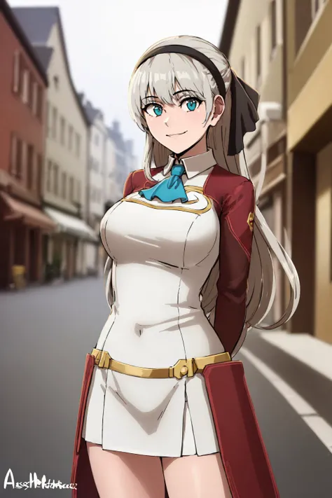 (masterpiece, best quality:1.2), cowboy shot, solo, 1girl, elie macdowell, smile, closed mouth, looking at viewer, arms behind back, hairband, hair ribbon, red coat, blue ascot, white dress, town <lyco:style_aestheticc-meme-20:1.0> <lora:elie-nvwls-v1:0.8>