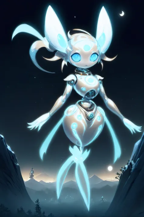 cute robot girl, magitech, A luminous moon spirit, with silvery trails, hovering over a tranquil night landscape.<lora:EnvyMechaGirlXL02:1><lora:EnvySpiritXL01-cute:1>