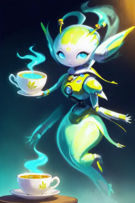 cute robot girl, magitech, A tranquil tea spirit, steaming and aromatic, hovering over a freshly brewed cup in the early morning.<lora:EnvyMechaGirlXL02:1><lora:EnvySpiritXL01-cute:1>