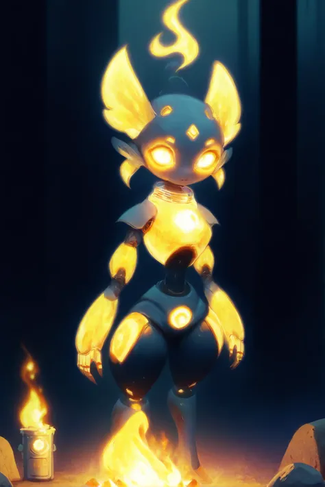 cute robot girl, magitech, A tiny fire spirit, glowing with warm orange hues, nestled within the embers of a campfire.<lora:EnvyMechaGirlXL02:1><lora:EnvySpiritXL01-cute:1>