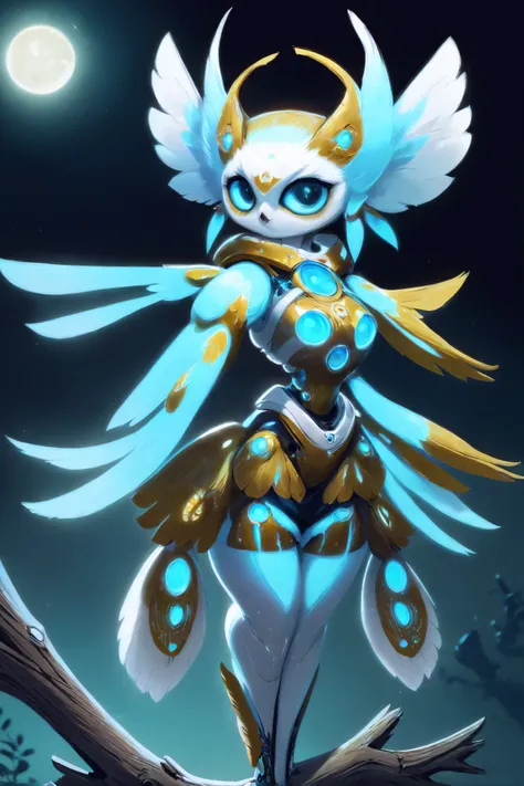 cute robot girl, magitech, A spirited owl spirit, with soft feathery wisps, perched silently on a moonlit branch.<lora:EnvyMechaGirlXL02:1><lora:EnvySpiritXL01-cute:1>