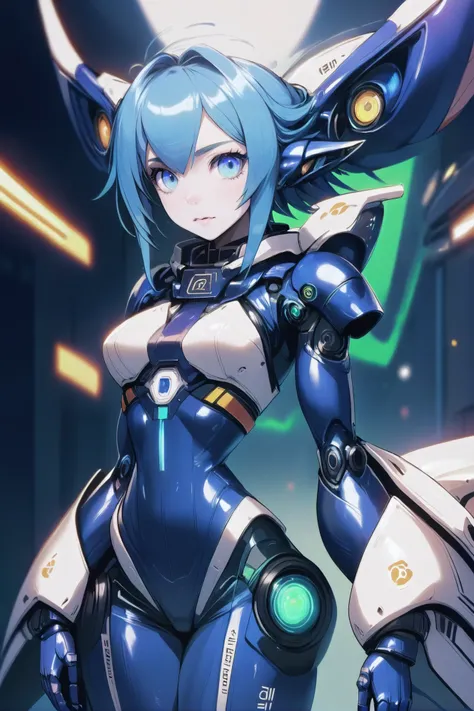 anime, cute robot girl, magitech, human face,, scifi, nano-eden,retro-futuristic,solarpunk, elf, diplomat, full body, wearing radiant  indigo work clothes<lora:EnvyMechaGirlXL02:1>