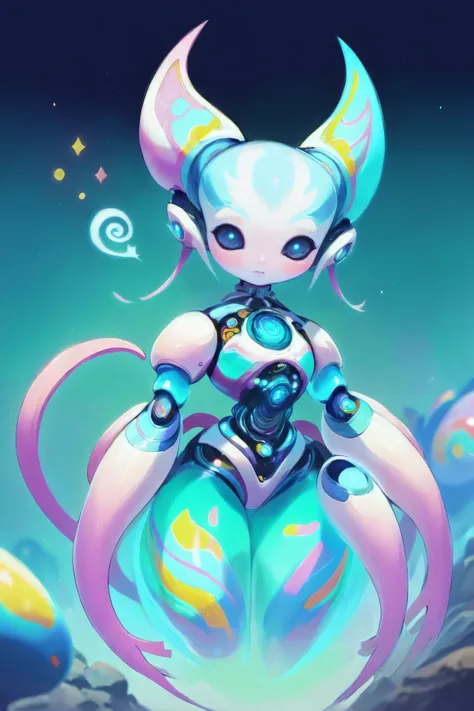 cute robot girl, magitech, A whimsical dream spirit, with pastel-colored swirls, weaving through the thoughts of a sleeping .<lora:EnvyMechaGirlXL02:1><lora:EnvySpiritXL01-cute:1>