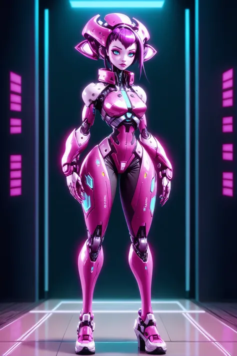 heavy cute AI avatar girl, nanotech,, scifi, cyberpunk,nanopunk, exotic alien, chemist, full body, wearing subsurface scattering  magenta clothing<lora:EnvyMechaGirlXL02:1>