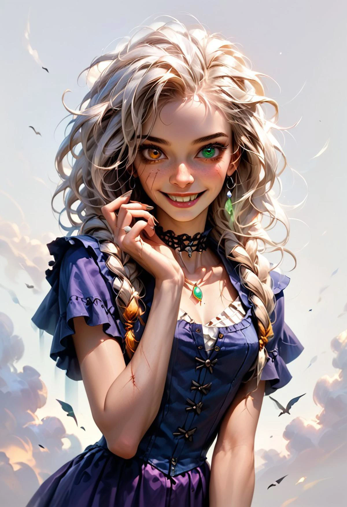 score_7 ,score_8, score_9 up, solo, Realistic masterpiece of (halfhag) young woman,girl, solo, Braids, wild hair, 2 braids ,full figure, smiling, white hair, peasant clothes, sleeveless,unbuttoned, transparent skirt, ( witch),(((heterochromia, one green eye, one amber eye,))), fingers like talons , long sharp fingernails, breasts, cleavage, very pale skin) , shark teeth, scars across left eye and nose and on shoulders and neck, scars on arms and legs , sharp triangular teeth, ((bioluminescent freckles on skin),woman smiling with her huge eyes and razor sharp teeth), ((petite body, very skinny body, long legs)), ( gothic choker and necklace), neck bite marks, vampire bite, neck bite, fantasy dress, perfect feet, perfect, Human feet,perfection, barefoot,
, (simple white background:1.4), Masterpiece, best quality, photo, realistic, very aesthetic, detailed face, Expressiveh,, dramatic pose, low perspective, amazing cinematic shot. hires, HD,Human feet, (triangular teeth):1.5, zPDXL2, full body view
