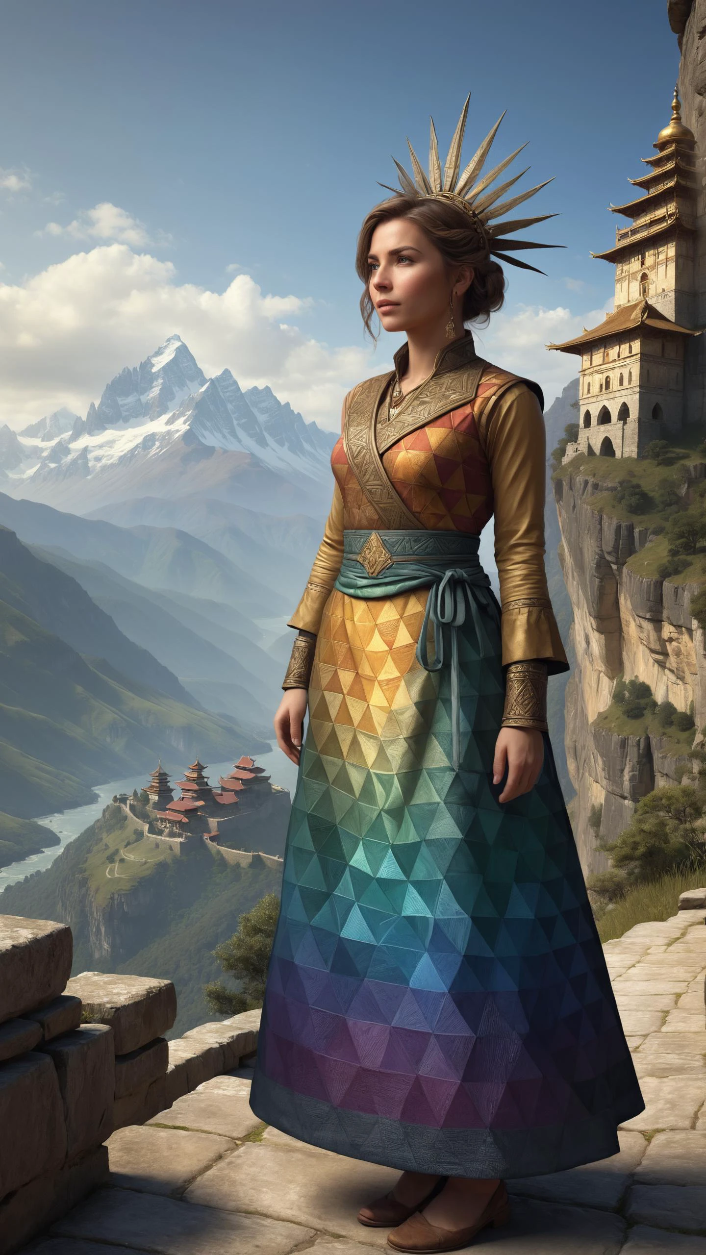 Servant with apron and proper attire wearing a mad-triangles outrageous fashion outfit, in the background A cliffside monastery in the Himalayas, where monks meditate amidst fluttering prayer flags , digital painting, artstation, concept art, soft light, hdri, smooth, sharp focus, illustration, fantasy, intricate, elegant, highly detailed, D&D, matte painting, in the style of Greg Rutkowski and Alphonse Mucha and artemisia, 8k, highly <lora:Colorful_Triangles_SDXL:0.8><lora:EnvyCreativeOutfitXL01:0.8> <lora:outrageous_fashion:0.8> <lora:EnvyDramaticPortraitXL01:0.8>