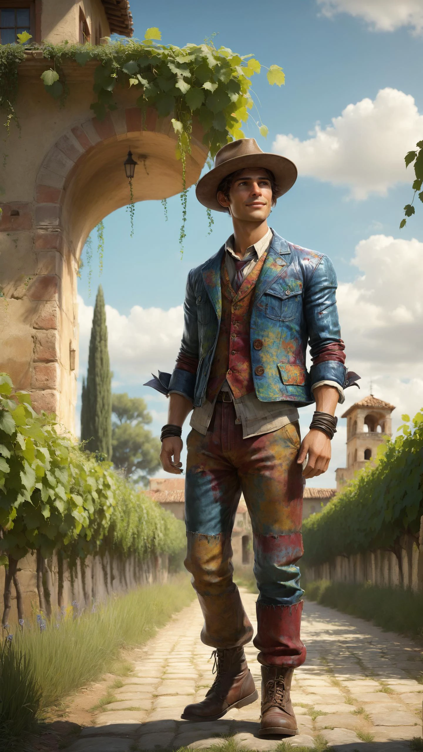 Young newsboy hawking papers wearing a mad-tiedye outrageous fashion outfit, in the background A Spanish hacienda in a sun-soaked vineyard, where rows of grapevines stretch towards the horizon , by Grzegorz Rutkowski, concept art <lora:Colorful_Tie-Dye_SDXL:0.7><lora:EnvyCreativeOutfitXL01:0.8> <lora:outrageous_fashion:0.8> <lora:EnvyDramaticPortraitXL01:0.8>