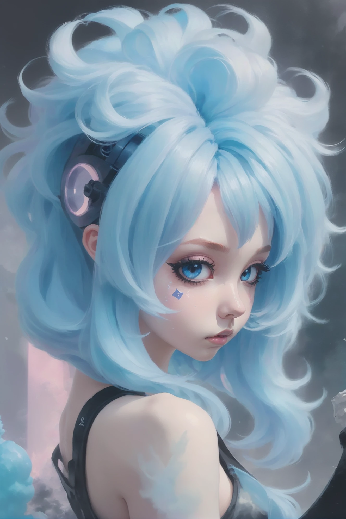 1girl, woman, pastel goth girl, cute, [:wild costume design,:0.2], bombshell punk hair, glowing blue hair, U-cut,bombshell hair, bombshell hair, ginger hair, Scene Hair, thicc hourglass figure, small breasts, caucasian<lora:EnvyDramaticPortraitXL01:1.5>