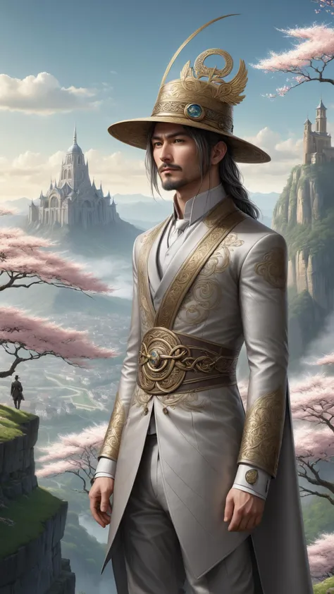 Top-hatted gentleman with monocle wearing a mad-viking-knot outrageous fashion outfit, in the background A cliffside monastery with terraced gardens, overlooking a valley where cherry blossoms bloom in the spring , perfect shading, atmospheric lighting, by makoto shinkai, stanley artgerm lau, wlop, rossdraws <lora:Colorful_Viking_Knot_SDXL:0.7><lora:EnvyCreativeOutfitXL01:0.8> <lora:outrageous_fashion:0.8>  <lora:EnvyDramaticPortraitXL01:0.8>