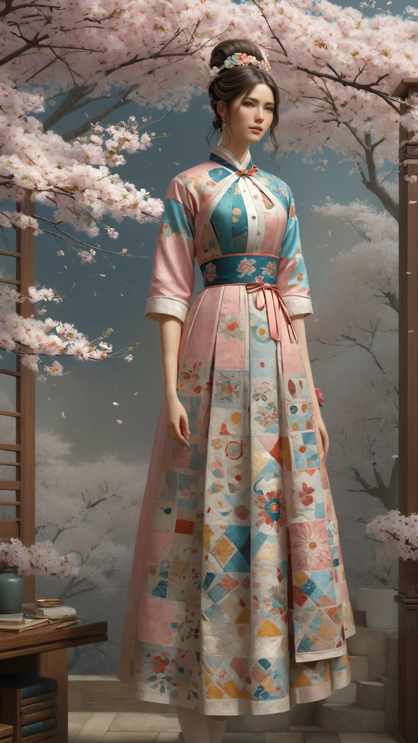 Servant with apron and proper attire wearing a mad_colorful_mosaic outrageous fashion outfit, in the background A Japanese ryokan nestled in a cherry blossom grove, where petals gently fall to create a carpet of pink beneath the traditional wooden structure ,, tenebrism by James Gurney, Winslow Homer, Daniel Ridgway Knight, trending on artstation, highly detailed <lora:Colorful_Mosaic_SDXL:0.8><lora:EnvyCreativeOutfitXL01:0.8> <lora:outrageous_fashion:0.8> <lora:EnvyDramaticPortraitXL01:0.8>