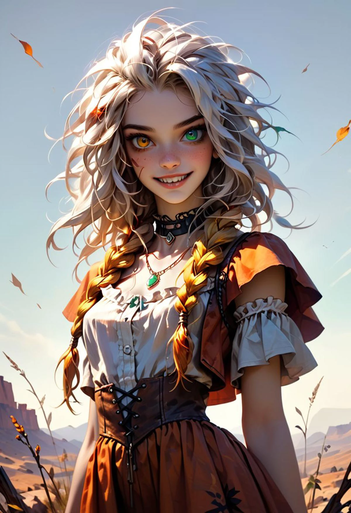 score_7 ,score_8, score_9 up, solo, Realistic masterpiece of (halfhag) young woman,girl, solo, Braids, wild hair, 2 braids ,full figure, smiling, white hair, peasant clothes, sleeveless, ( witch),(((heterochromia, one green eye, one amber eye,))), fingers like talons , long sharp fingernails, breasts, covered breasts, very pale skin) , shark teeth, scars across left eye and nose and on shoulders and neck, scars on arms and legs , sharp triangular teeth, ((bioluminescent freckles on skin),woman smiling with her huge eyes and razor sharp teeth), ((petite body, very skinny body, long legs)), ( gothic choker and necklace), fantasy dress, perfect feet, perfect, Human feet,perfection, barefoot,
, (simple white background:1.4), Masterpiece, best quality, photo, realistic, very aesthetic, detailed face, Expressiveh,, dramatic pose, low perspective, amazing cinematic shot. hires, HD,Human feet, (triangular teeth):1.5, zPDXL2, full body view