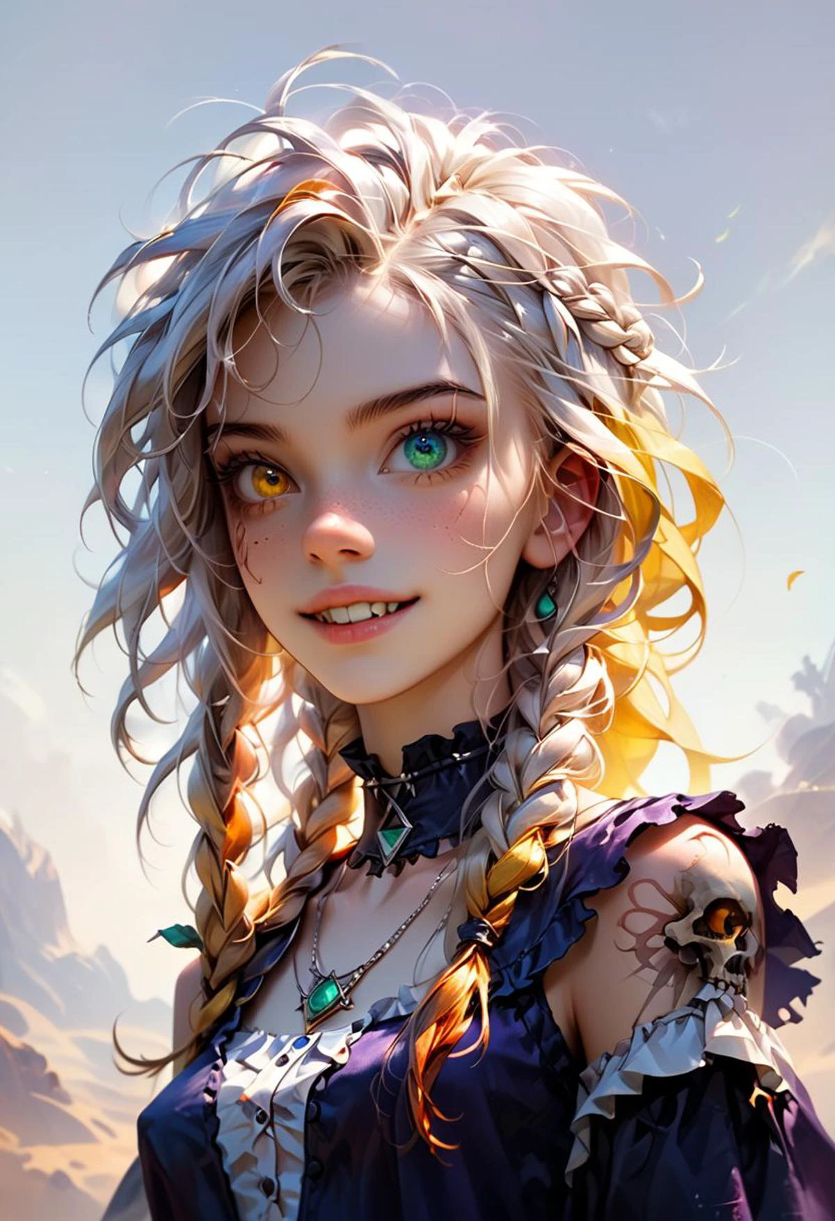 score_7 ,score_8, score_9 up, solo, Realistic masterpiece of (halfhag) young woman,girl, solo, Braids, wild hair, 2 braids ,full figure, smiling, white hair, peasant clothes, sleeveless, ( witch),(((heterochromia, one green eye, one amber eye,))), fingers like talons , long sharp fingernails, breasts, covered breasts, very pale skin) , shark teeth, scars across left eye and nose and on shoulders and neck, scars on arms and legs , sharp triangular teeth, ((bioluminescent freckles on skin),woman smiling with her huge eyes and razor sharp teeth), ((petite body, very skinny body, long legs)), ( gothic choker and necklace), fantasy dress, perfect feet, perfect, Human feet,perfection, barefoot,
, (simple white background:1.4), Masterpiece, best quality, photo, realistic, very aesthetic, detailed face, Expressiveh,, dramatic pose, low perspective, amazing cinematic shot. hires, HD,Human feet, teeth, zPDXL2, full body view