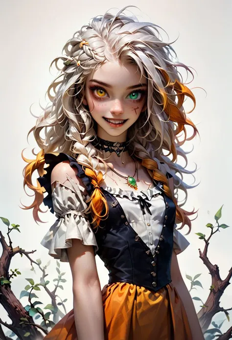 score_7 ,score_8, score_9 up, solo, Realistic masterpiece of (halfhag) young woman,girl, solo, Braids, wild hair, 2 braids ,full figure, smiling, white hair, peasant clothes, sleeveless, ( witch),(((heterochromia, one green eye, one amber eye,))), fingers like talons , long sharp fingernails,  breasts, covered breasts, very pale skin) , shark teeth, scars across left eye and nose and on shoulders and neck, scars on arms and legs , sharp triangular teeth, ((bioluminescent freckles on skin),woman smiling with her huge eyes and razor sharp teeth), ((petite body, very skinny body, long legs)), ( gothic choker and necklace), fantasy dress, perfect feet, perfect, Human feet,perfection, barefoot,  
, (simple white background:1.4), Masterpiece, best quality, photo, realistic, very aesthetic, detailed face, Expressiveh,, dramatic pose, low perspective, amazing cinematic shot. hires, HD,Human feet, (triangular teeth):1.5, zPDXL2,  full body view