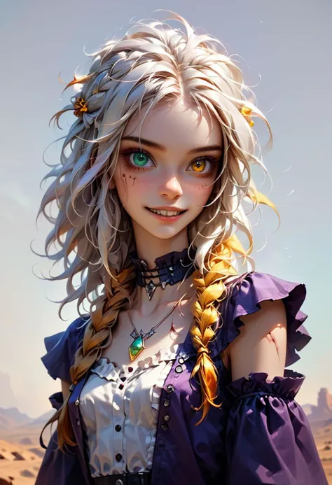 score_7 ,score_8, score_9 up, solo, Realistic masterpiece of (halfhag) young woman,girl, solo, Braids, wild hair, 2 braids ,full figure, smiling, white hair, peasant clothes, sleeveless, ( witch),(((heterochromia, one green eye, one amber eye,))), fingers like talons , long sharp fingernails,  breasts, covered breasts, very pale skin) , shark teeth, scars across left eye and nose and on shoulders and neck, scars on arms and legs , sharp triangular teeth, ((bioluminescent freckles on skin),woman smiling with her huge eyes and razor sharp teeth), ((petite body, very skinny body, long legs)), ( gothic choker and necklace), fantasy dress, perfect feet, perfect, Human feet,perfection, barefoot,  
, (simple white background:1.4), Masterpiece, best quality, photo, realistic, very aesthetic, detailed face, Expressiveh,, dramatic pose, low perspective, amazing cinematic shot. hires, HD,Human feet, (triangular teeth):1.5, zPDXL2,  full body view