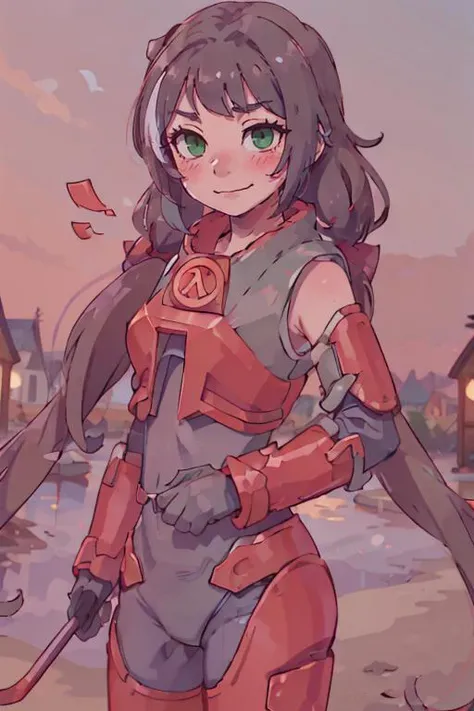 (best-quality:0.8), karyl, green eyes, smirk, closed mouth, blush, bow, hair bow, low twintails <lora:karylV1:0.9> hevsuit <lora:hevsuit:0.7>