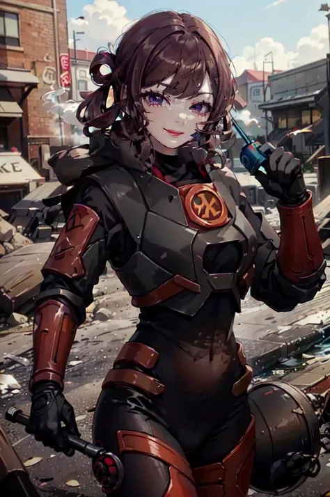 ((best quality)), ((Masterpiece)), (details), 1 girl, SWAT uniform, Curtain bangs, red hair, big breasts, city background, night