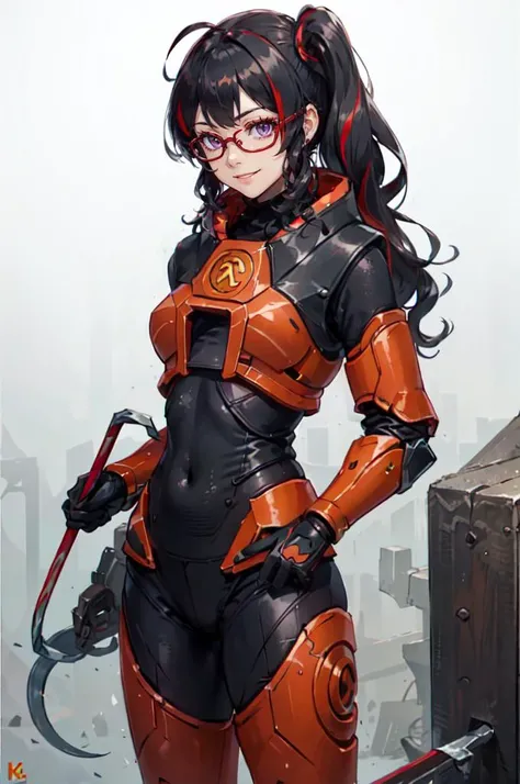 cowboy shot, <lora:hevsuit:0.6> hevsuit, mk5, mk4, (crowbar:1.3),, ultra detailed, masterpiece, best quality, aesthetic, detailed,, solo, smug smile, 1girl, purple eyes, red-framed eyewear, (black hair, red colored tips:1.2), red streaked hair, very long hair, side ponytail, tied hair, medium breasts,