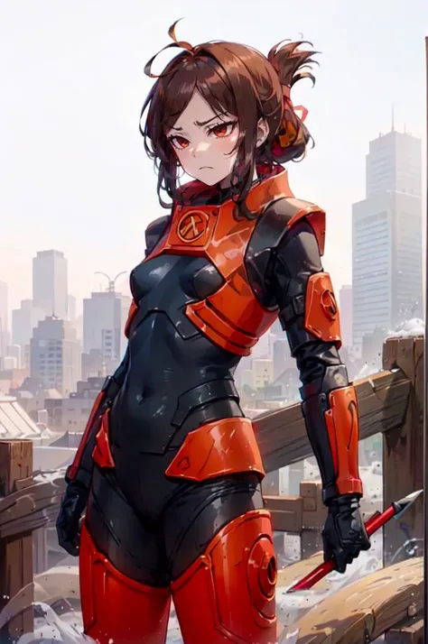 cowboy shot, <lora:hevsuit:0.6> hevsuit, mk5, mk4, (crowbar:1.2),, ultra detailed, masterpiece, best quality, aesthetic, detailed,, solo, frown,
1girl, red eyes, <lora:Tsurime3:1>, (tsurime:1.2), (brown hair:1.3), medium hair, (asymmetrical bangs, swept bangs, cowlick:1.35), flipped hair, <lora:foldedponytail:0.8> foldedponytail, folded ponytail, (small breasts:1.3),