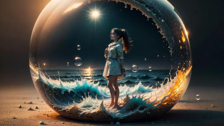 1 girl, look at viewer, full body, solo, Long Shot, on the bubble, ocean theme, ocean background, masterpiece, 32k, unity 8k wallpaper, ultra detailed, ultra realistic, bubble, masterpiece, best quality,    <lora:Bubble_Sora-000008:0.4>, ultra realistic,32k,RAW photo,(high detailed skin:1.2), 8k uhd, dslr, soft lighting, high quality, film grain, (masterpiece,best quality:1.5)