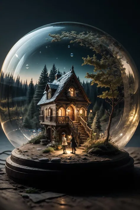 mini house, landscape, old fashion, nature, night light, nature background,
(little girl in bubble:1.2), looking at viewer,
a bubble, in the bubble, high detailed, masterpiece, best quality, <lora:Bubble_Sora:0.7>, (masterpiece,best quality:1.5)