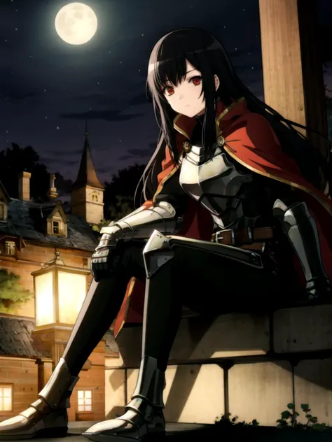 <lora:Hyakka Ryouran Samurai Girls Test:1> (thick outlines, anime coloring, colorful, promotional art, novel illustration), solo, 1girl, black hair, red eyes, straight hair, long hair, knight, shield, breastplate, gauntlets, armored boots, solo, black pants, belt, cape, outdoors, castle, night sky, sitting,