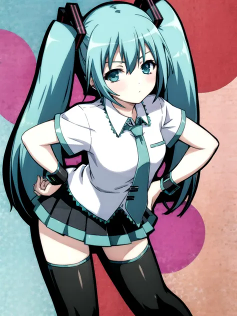 <lora:Hyakka Ryouran Samurai Girls Test:1> (thick outlines, anime coloring, colorful, promotional art, novel illustration), hatsune miku, solo, aqua eyes, twintails, pleated skirt, (white shirt), aqua necktie, short sleeves, black thighhighs, leaning forward, hands on hips, looking at viewer, floral background,