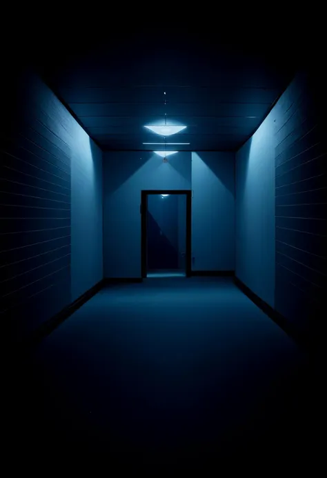 a dimly lit hallway with a door and a light in the middle