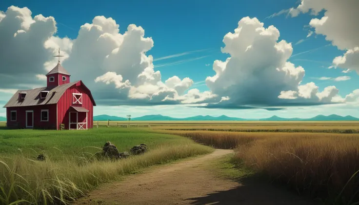 arafed red barn in a field with a dirt path leading to it