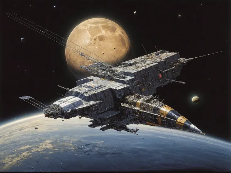 RAW photo of a spaceship with lots of antennas, flying past a planet, lots of asteroids in outer space, detailed<lora:tt4sp4c3:1> <lora:add_detail:1>, chris foss style, Masterpiece realistic, best high quality, perfect details, intricate details, nice lighting, detailed background,