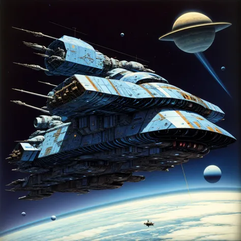 painting of a spaceship flying next to a blue planet, lots of antennas and detail, space station in the background <lora:tt4sp4c3:1><lora:add_detail:1> style of Angus McKie, style of Peter Elson and style of Jim Burns.