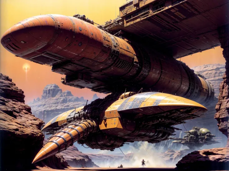 RAW photo of a brightly colored (((spaceship that looks like a mechanical spider))) landing with full thrusters firing, with lots of antennas,landing in a rocky red desert, with mesas in the background, alien vegetation, detailed<lora:tt4sp4c3:1> <lora:add_detail:1>, chris foss style
