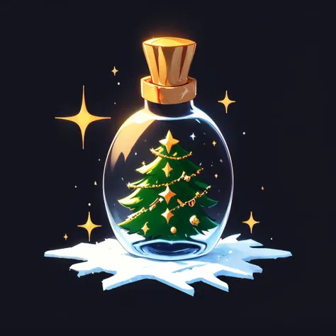 bottle, christmas tree, winter in a bottle, sparkle, black background  <lora:Magic botle:0.8>