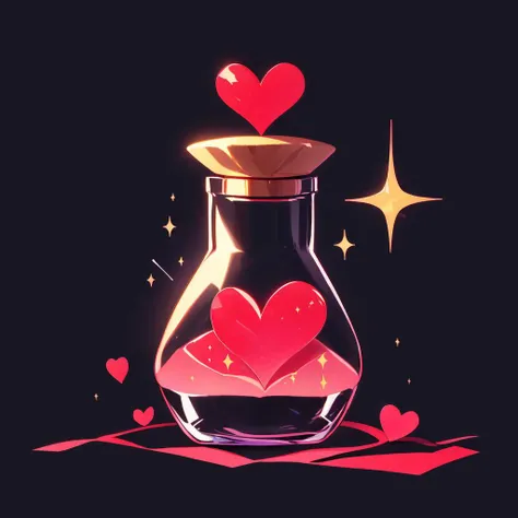 bottle, love red heart potion in a bottle, sparkle, black background <lora:Magic botle:0.8>