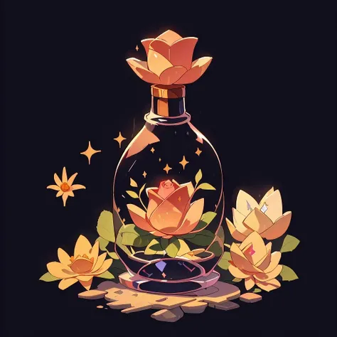 bottle, flower black rose potion in a bottle, sparkle, black background <lora:Magic botle:0.8>