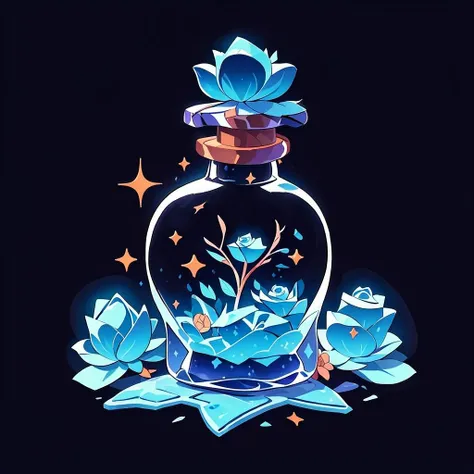 bottle, flower blue rose potion in a bottle, sparkle, black background <lora:Magic botle:0.8>
