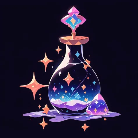 bottle, magic potion, galaxy potion, sparkle, black background <lora:Magic botle:0.8>