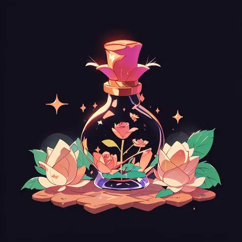 bottle, flower black rose potion in a bottle, sparkle, black background <lora:Magic botle:0.8>