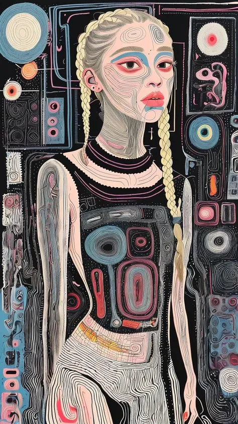 illustration of 1girl, (solo:1.3), wearing blonde (androgyne twill:1.2), surrealistic,tuyawang,abstract,doodle art, dirty clothes, ivory cornrows hair, <lora:epiNoiseoffset_v2-pynoise:0.7>, <lora:add_sharpness:0.7> <lora:TUYA5:1>,