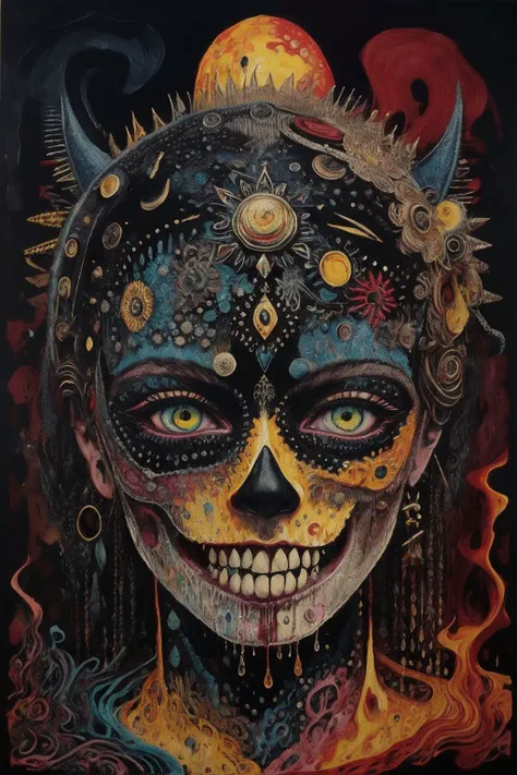 Surrealist art , masterpiece,best quality, surrealistic,tuyawang,abstract,doodle art, 8K, highly detailed, digital photography, painting, medium shot of a (underworld queen) , Nikon d850, F/8, dripping Psychedelic, diabolic smile, satanic, on the edge, intricate, perfect lighting, perfect shading, hdr, (photorealistic:1.6), <lora:epi_noiseoffset2:0.5> <lora:TUYA5:1.05> . Dreamlike, mysterious, provocative, symbolic, intricate, detailed