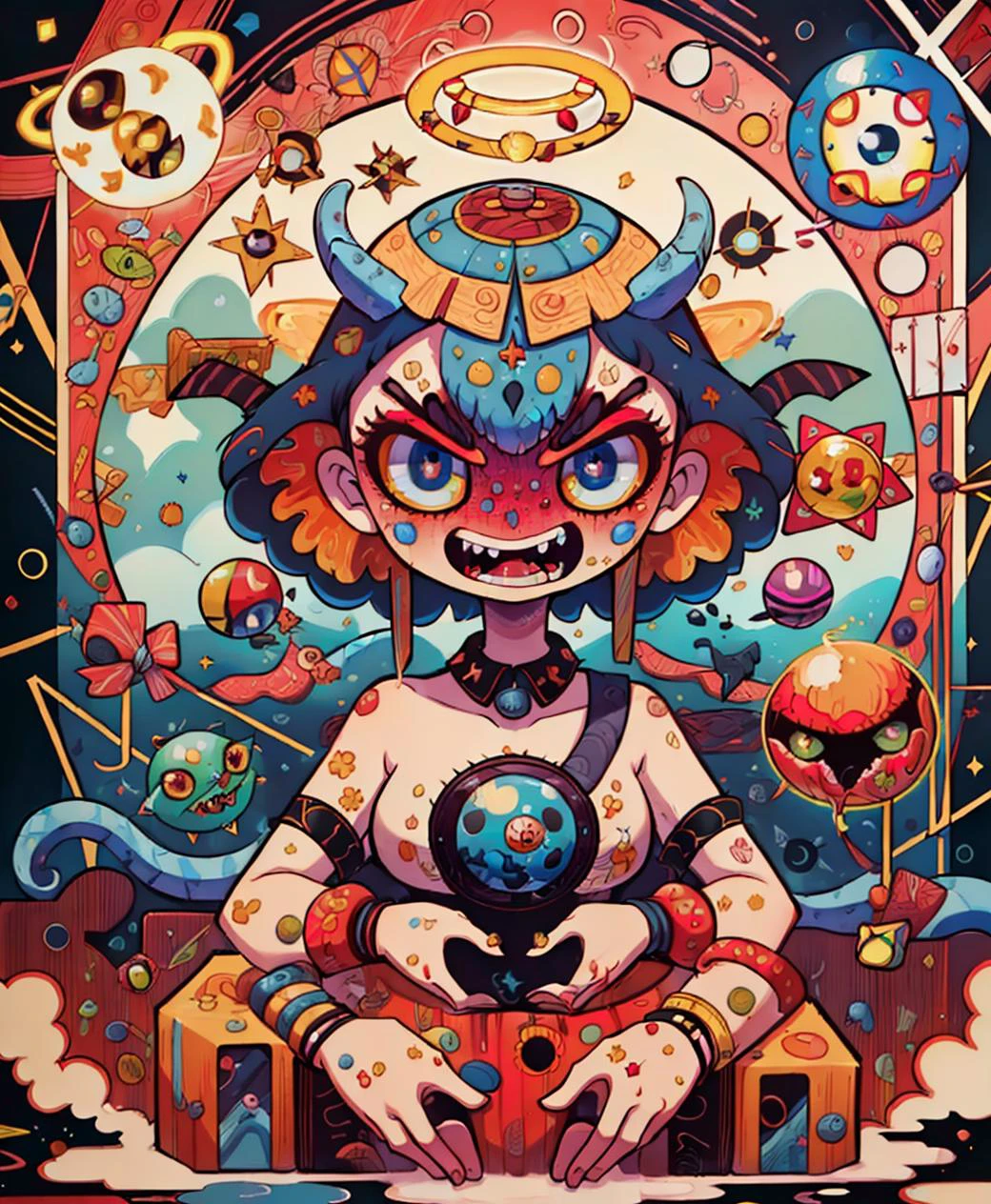 <lora:doodle art:.6> surrealistic,tuyawang,abstract,doodle art <lora:Alex:.6> alex, grey, art, fractal <lora:Dholbachie:.8> dholbachie, blue serpent, (halo: 1.5), big mouth, angry, holding an orb, horns, fangs, (masterpiece:1.5, best quality), 8k wallpaper, highres, high resolution,HDR.UHD,Highly detailed, extreme detail <lora:GoodHands-beta2:0.8>
